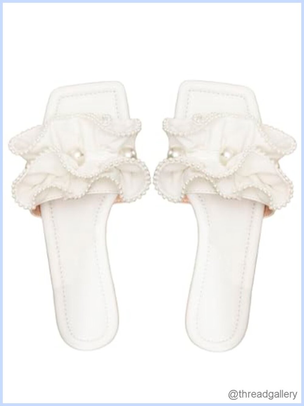 Ruffle Faux Pearl Slip On Square Toe Flat Sandals Dressy Summer Slides